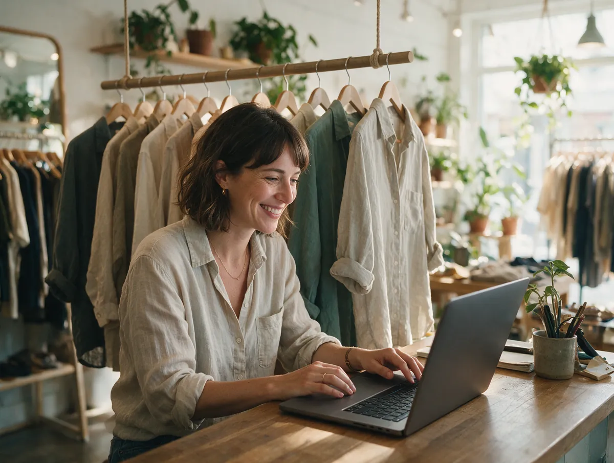 A boutique owner smiling at her laptop in her clothing shop