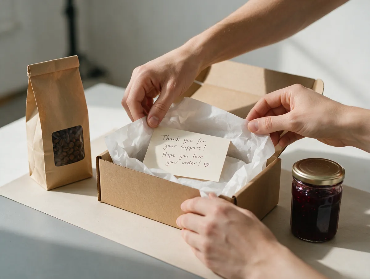 Hands packing an order into a kraft box with a thank-you card
